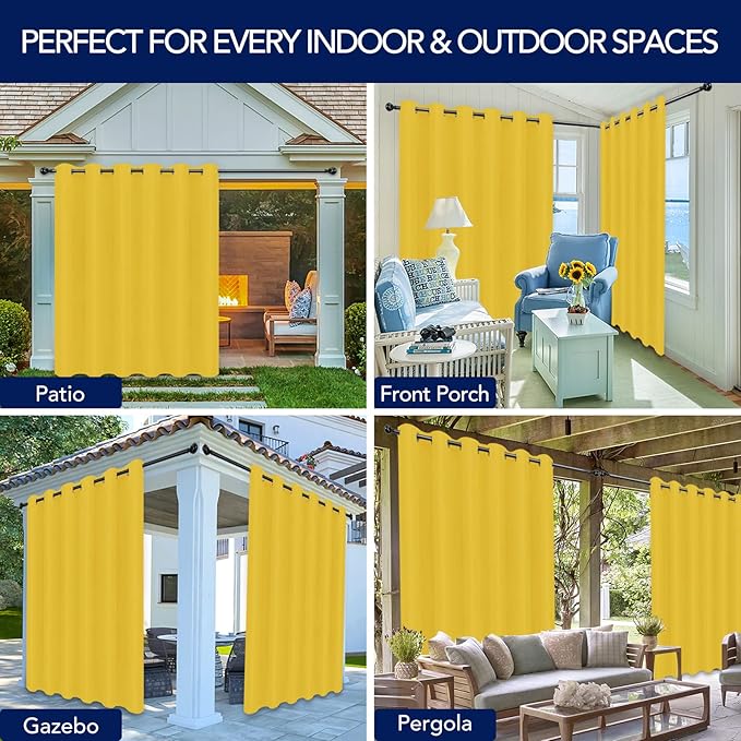 PureFit Outdoor Curtains for Patio Waterproof Weatherproof, UV Resistant Outside Curtains for Gazebo, Front Porch, Pergola, Sun Blocking Privacy Curtain, 100W x 84L inch, 1 Panel, Yellow