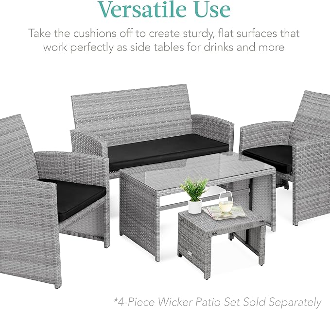 Best Choice Products Set of 2 Wicker Ottomans, Multipurpose Outdoor Furniture for Patio, Backyard, Additional Seating, Footrest, Side Table w/Removable Cushions, Steel Frame - Gray/Black