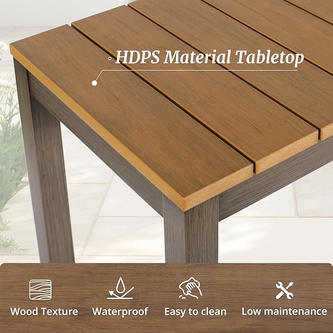 Outdoor Bar Table, 45" Patio Bar Height Counter Console Table, Waterproof HDPS Slatted Top, Weather Resistant, Hot Tub, Balcony, Yard, Indoor or Outdoor Use, Teak