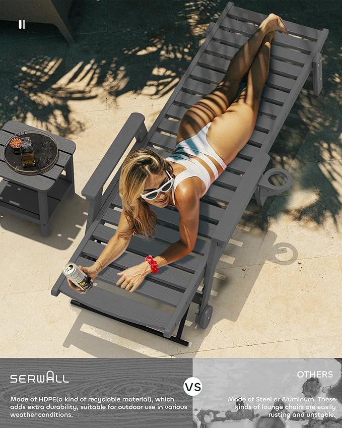 SERWALL Patio Chaise Lounge Chair Set of 2 with 9FT Patio Umbrella, 78'' HDPE Outdoor Lounger, Poly Lounge Chair with Rolling Wheels & Cup Holder for Pool,Slate Gray (Umbreall Base not Included)