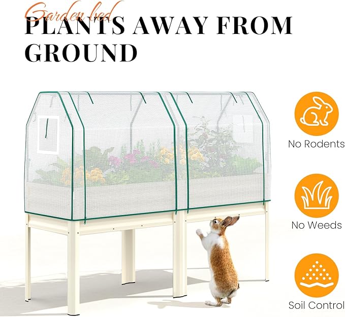 KING BIRD Large Raised Garden Bed with Netting Galvanized Elevated Planter Box with Legs 72×23×55 in for Backyard, Patio, Balcony, 700lb Capacity, Beige