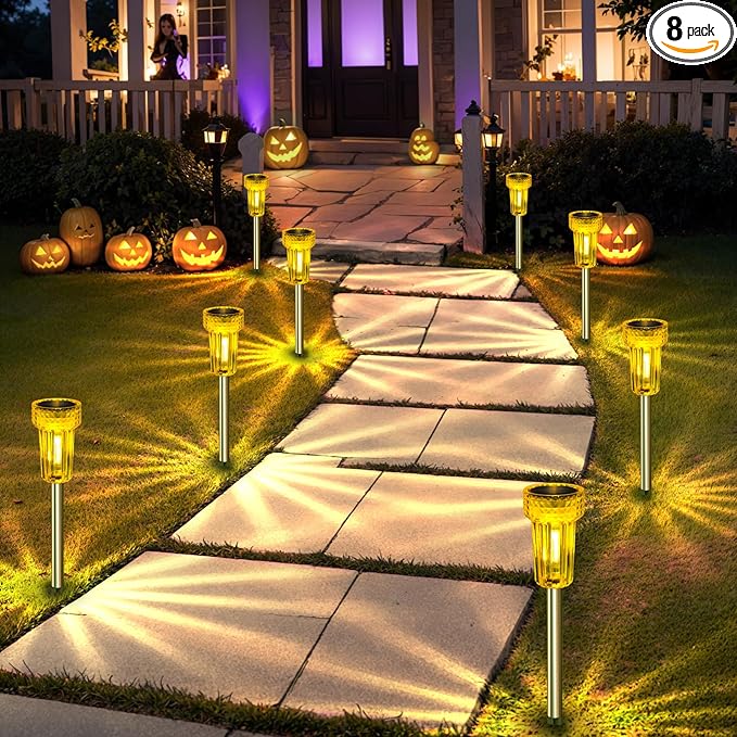 DERAYSION Solar Lights Outdoor LED Orange Waterproof Pathway Lights Yard Auto Dusk-to-Dawn Path Landscape Lights for Garden Outdoor Decorative 8 Pack