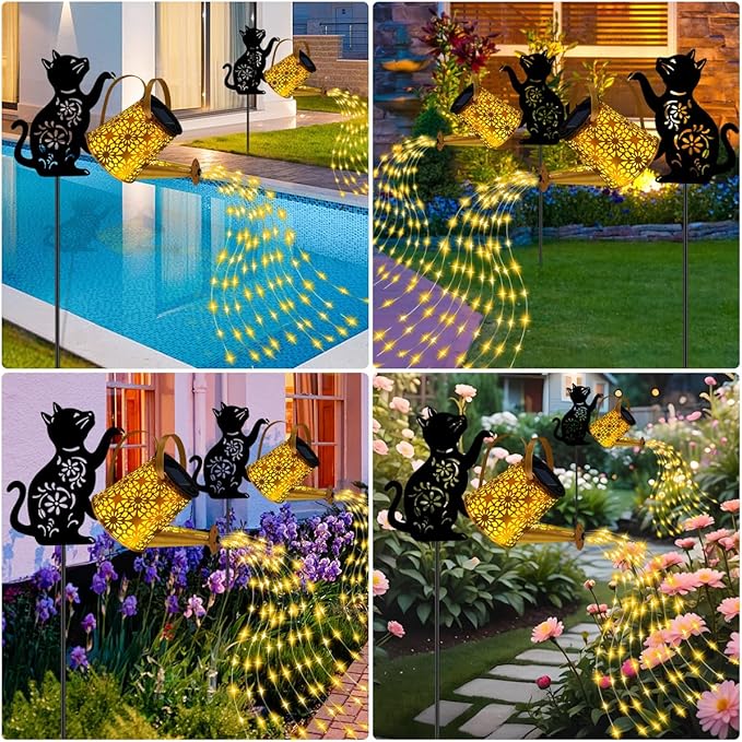 Solar Lights Outdoor Decorative, Watering Can with Cascading Lights, with Cat Silhouette Garden Stakes, Waterproof Metal Garden Decor for Yard Art, Outside, Patio, Lawn 2PACK