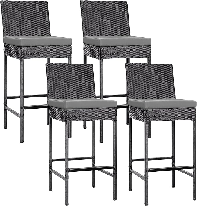 VIVOHOME Outdoor Wicker Barstool 4 Packs, Bar Chairs PE Rattan Materail, Patio Stools with Cushions, Black