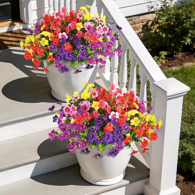INQCMY Artificial Fake Petunias Flowers for Outdoors Spring Decoration, 12 Bundles Faux Plants Outdoor UV Resistant Realistic Silk Flower for Outside Planters Patio Porch Yard Window Box