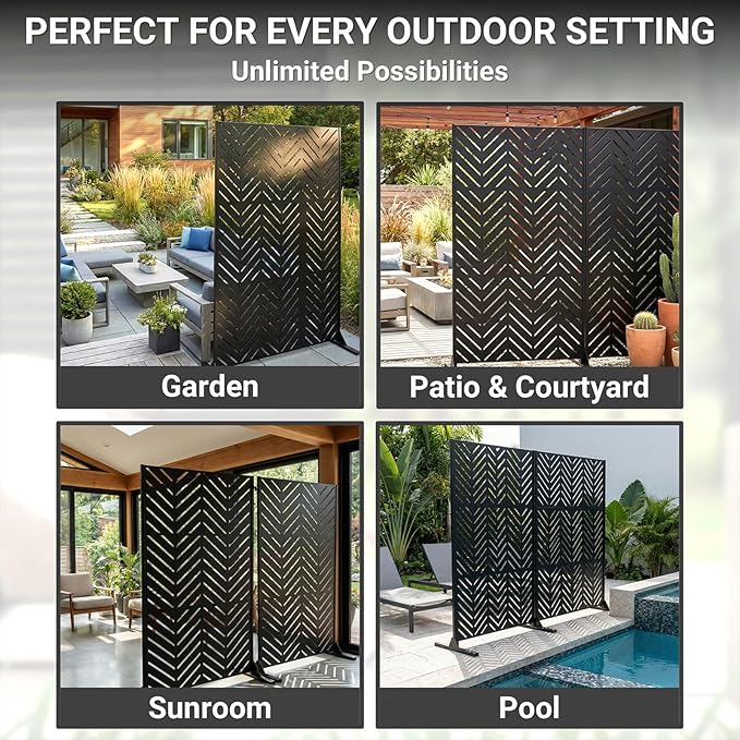 Metal Privacy Screen Outdoor – 6FT Freestanding Decorative Steel Panel with Stand, Laser-Cut Chevron Pattern Modern Privacy Divider, Rustproof & Weather-Resistant Screen for Patio, Garden & Backyard