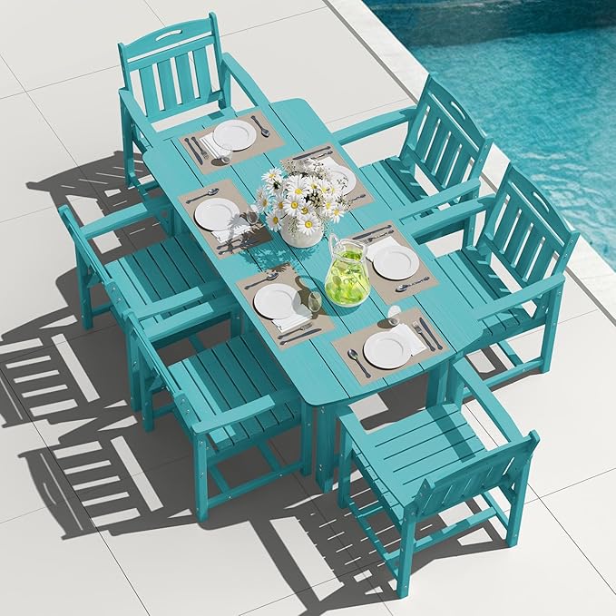 HDPE Outdoor Dining Set, Patio Table and Chairs Set, All-Weather 7-Piece Outside Table and 6 Chairs, 2" Umbrella Hole, Outdoor Furniture for Garden, Poolside, Backyard, Deck | Lake Blue