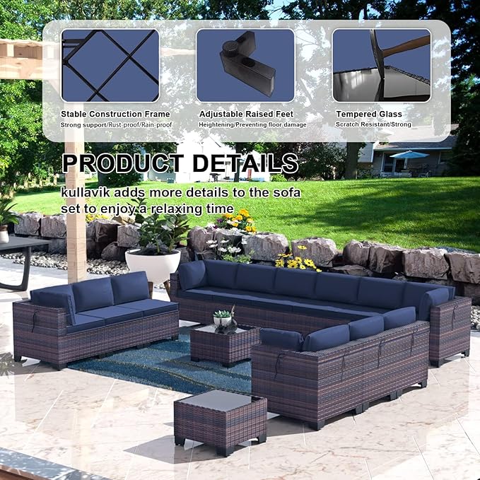 Kullavik 14 Pieces Outdoor Patio Furniture Set PE Wicker Rattan Sectional Sofa Patio Conversation Sets,Navy Blue
