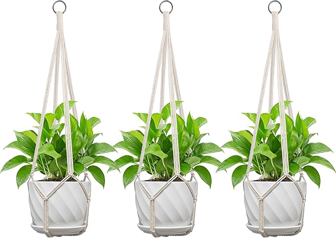 Macrame Plant Hanger, Fits 4-13 Inch Pots, Boho Hanging Plant Holder for Indoor Outdoor, 35 Inch, Set of 3, White (No Flowerpot)