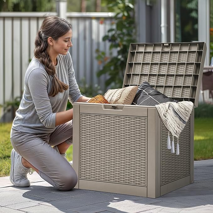 YITAHOME 32 Gallon Deck Box, Resin Storage with Lockable Lid & Side Handles, Indoor Outdoor Small Container for Patio Cushion, Garden Pool Accessories, Backyard Furniture, Water Resistant