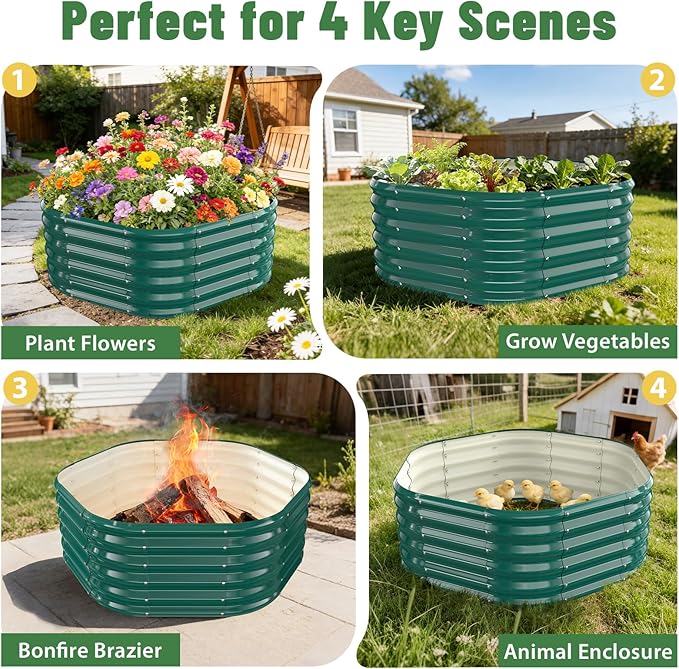 Hexagon Raised Garden Bed, 48 Inch Diagonal & 16.5 Inch Tall, Galvanized Steel Planter Box with Wave-Shaped Metal Panels for Outdoor Flower,Tree,Herb & Vegetable Garden (Dark green, 4FT X 1.5FT)
