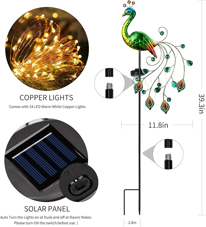 Glintoper Solar Garden Lights, 39 Inch Height Outdoor Metal Peacock Decorative Garden Stakes, Mothers Day Ideal Gifts, Waterproof Path Lights Lawn Stake Ornaments for Patio Pathway Yard Decoration