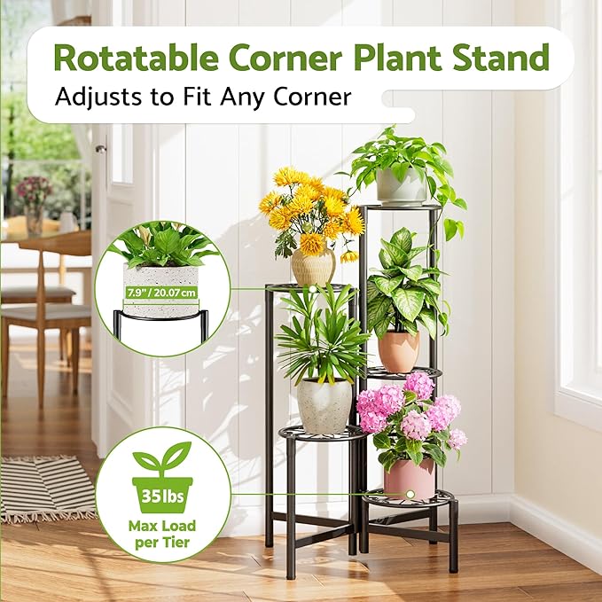Plant Stand Indoor Outdoor, 5 Tier Corner Metal Flower Display Holder Stand, Folding Tall Plant Rack for Patio Balcony Porch Garden Living Room House, Heavy Duty Wrought Iron Plant Shelf - BlackS