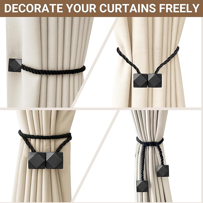 Hion Magnetic Curtain Tiebacks Black 2pcs, Curtain Tiebacks Buckles Holdbacks Holders Hooks Clip for Home Bedroom Office Decorative Curtain