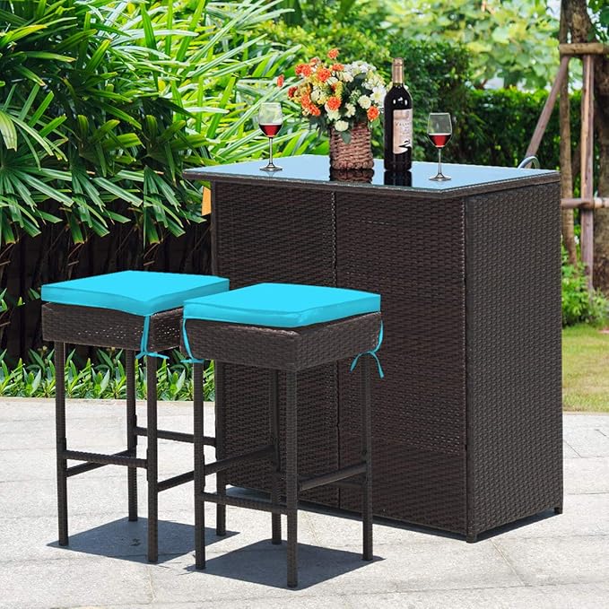 Tangkula Patio Bar Set, 3 Piece Outdoor Rattan Wicker Bar Set with 2 Cushions Stools & Glass Top Table, Outdoor Furniture Set for Patios Backyards Porches Gardens Poolside (Turquoise)
