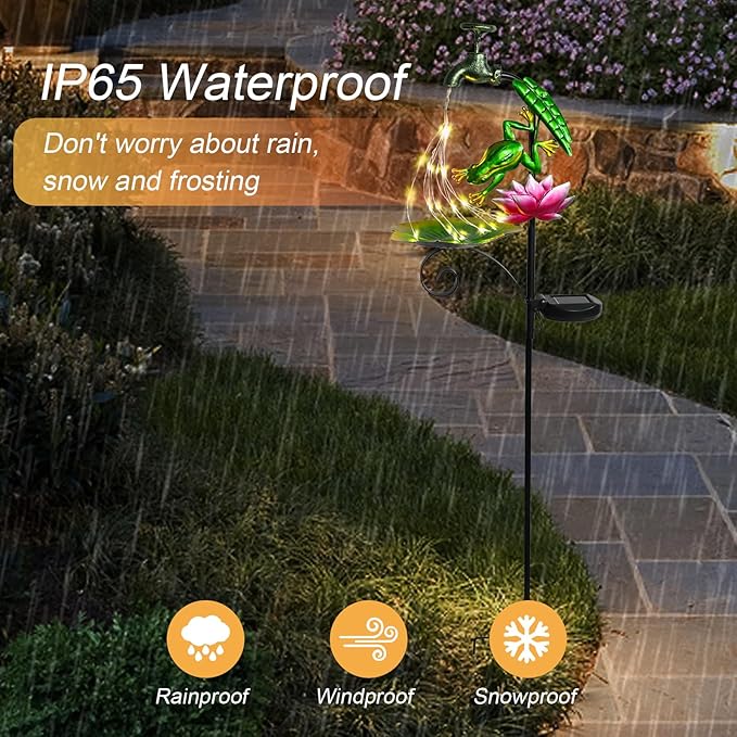 Solar Outdoor Lights Decorative Solar Frog Lights with Lotus Bird Feeder Faucet Shaped Lighted Garden Stake Decorations for Pathway Lawn Patio Courtyard Backyard