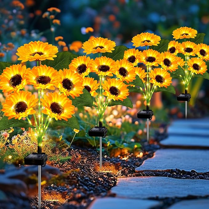 2 Pack with 12 Sunflower Solar Lights Outdoor Garden Decor,Solar Flowers Lights Waterproof,Sunflowers Gifts for Mom Women Grandma Birthday,Decorative Stakes Lights for Landscape Yard Patio Lawn
