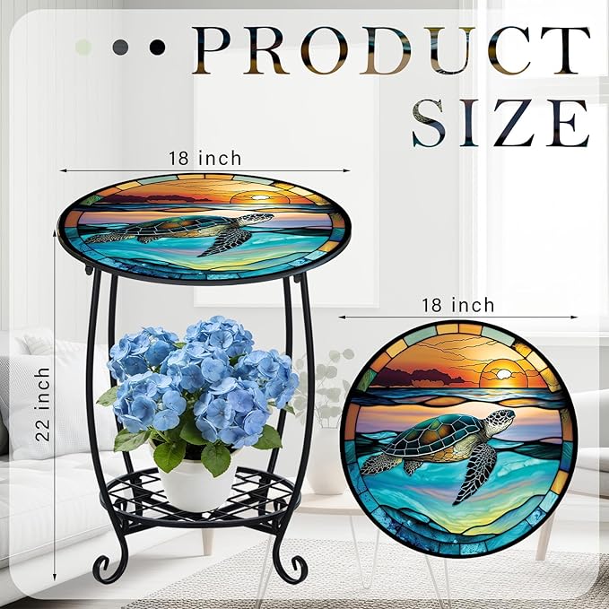 Outdoor Side Table Round Small Mosaic Patio Accent Indoor End Plant Coffee Tea Table for Yard Patio Porch Garden Living Room, Bedroom(Turtle Style,18 Inch)