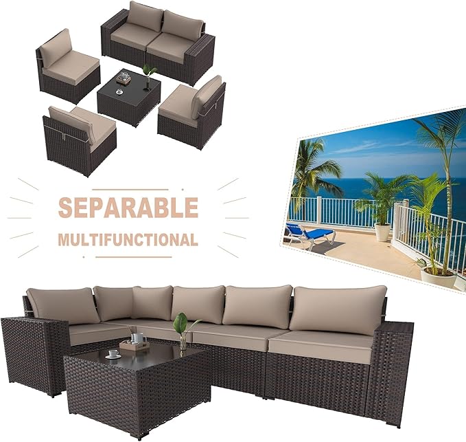 Kullavik 6PCS Outdoor Patio Furniture Set PE Wicker Rattan Sectional Sofa Patio Conversation Sets,Khaki