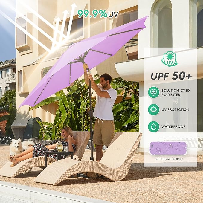 JEAREY 9FT Outdoor Patio Umbrella with Solar Lights, LED Lighted Pool Umbrella with Tilt and Crank, Outdoor Table Umbrellas for Deck, Yard & Market (Taro Purple)