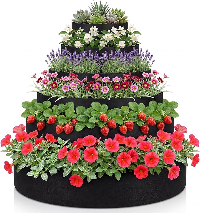 6 Tiered Strawberry Planter for Outdoor Plants, 47 Inch Heavy Duty Strawberry Tower Planter Grow Bags, Breathable Non Woven Fabric Raised Garden Bed for Vegetables Flower Herbs Gardening
