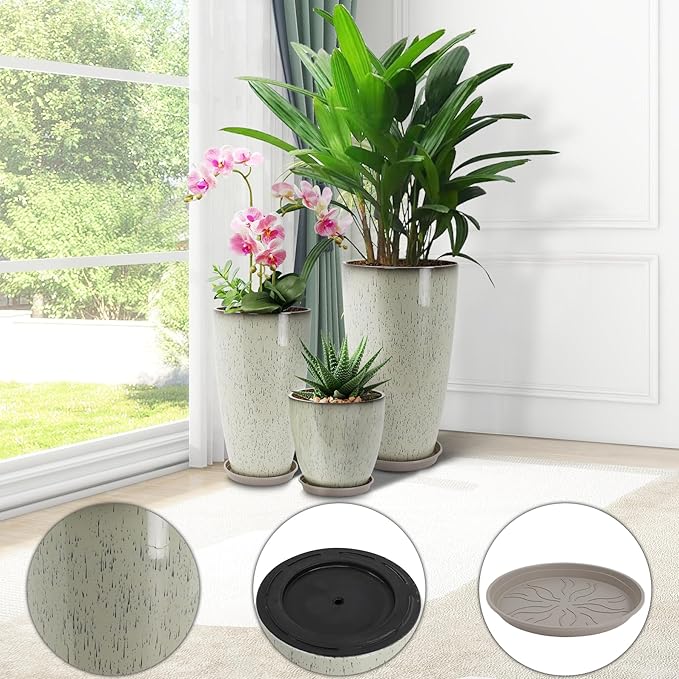 24/21/12 Inch Large Plastic Planter, Lightweight Ceramic-Look Tall Planters with Drain Hole & Saucers, Tall Plastic Planters for Porch, Garden, Patio, Balcony(Glaze Beige)