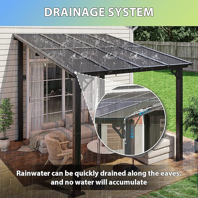 Aoxun 8'x 10' Premium Gazebo with Aluminum Top Frame & Polycarbonate Panel, Wall Mounted Gazebos Pergola, Outdoor Patio Lean to Gazebo, Awnings with Sloped Roof, for Backyard, Porch, Deck