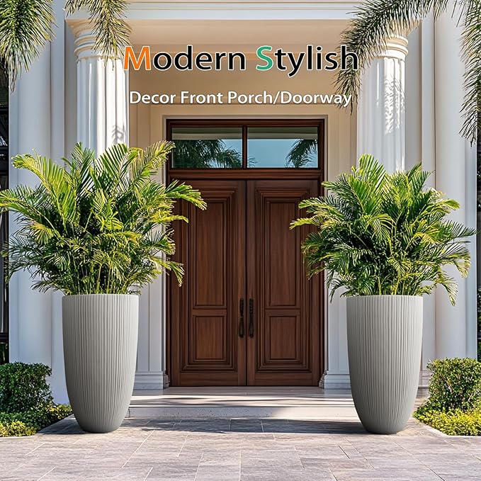 Tall Planters for Outdoor Plants, Large Concrete Flower Pots for Garden Front Porch, Patio, Indoor (Vertical Gray)