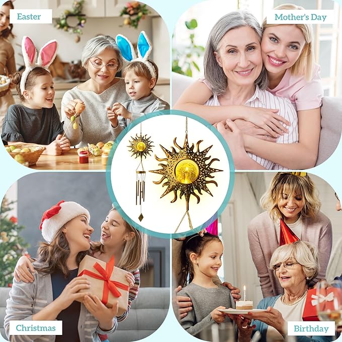 Solar Sun Light Wind Chimes for Outside for Women Gifts for Mom Grandma Wife Birthday Gift Crackle Glass Ball Windchimes Gardening Gift for Outdoor Patio Decor Yard Porch Decorations