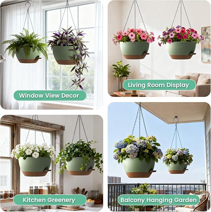 13 Inch 2 Pack Large Self Watering Hanging Planters for Indoor Outdoor Plants, Hanging Plant Pots with Removable 50 Oz Reservoir, Plastic Hanging Basket for Window Porch Garden, Green with Brown