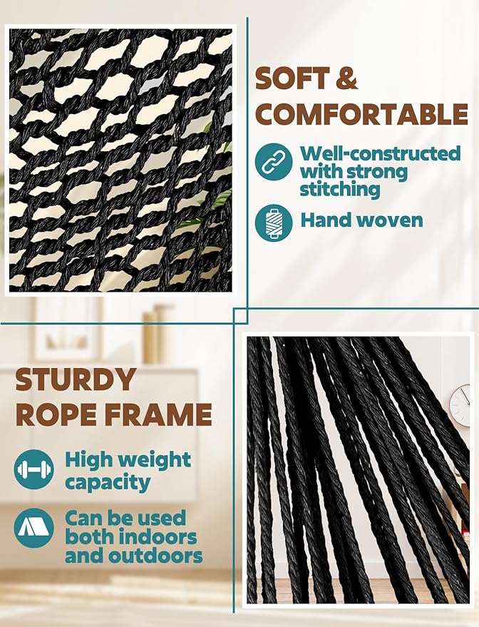 Chihee Hammock Chair Super Large Soft-Spun Cotton Rope Weaving Hanging Chair, Collapsible Strong Metal Spreader Bar Wide Seat Lace Stretch Swing Chairs Indoor Outdoor Garden Yard Theme Decoration