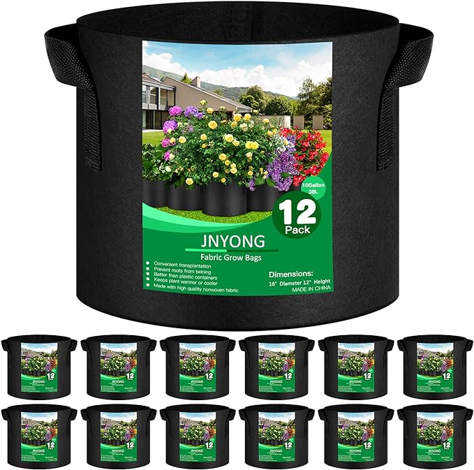 12-Pack 10 Gallon Thickened Non-Woven Grow Bags, Aeration Fabric Pots with Handles