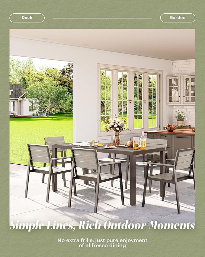 7-Piece Outdoor Dining Set, Aluminum Dining Table Set for 6, Patio Table and Chairs Set with Umbrella Hole, All Weather HDPS Outdoor Table and Chairs for 6 (Gray)
