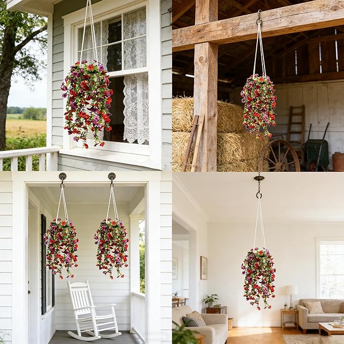 Artificial Flowers for Outdoors Fake Hanging Plants with Pot, 4pcs Silk Colorful Flowers UV Resistant Realistic Hanging Planter Faux Flower for Outside Porch Patio Home Garden Yard Decoration