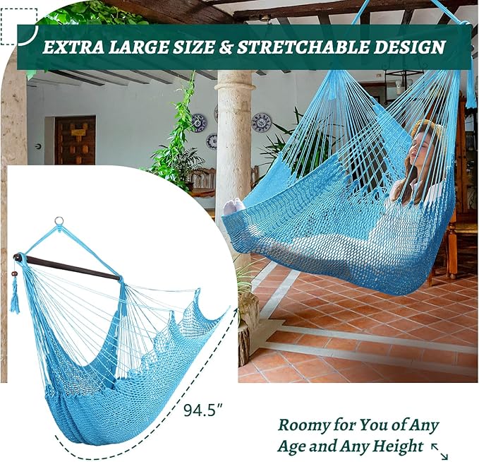 Caribbean Hammock Swing Chair with Spreader Bar, Large Hammock Chair, Hand Craft Rope Hanging Chair Outdoor, Indoor, Bedroom, 330 LBS Weight Capacity, Blue