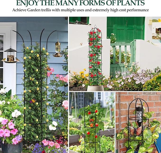 100% Metal Garden Obelisk Trellis for Climbing Plants Outdoor, 6.6ft Tall Metal Plant Support with Garden Twist Tie for Tomato Cucumber Pea Ivy Vines Rose Clematis Potted Plant Trellis 1 Pack