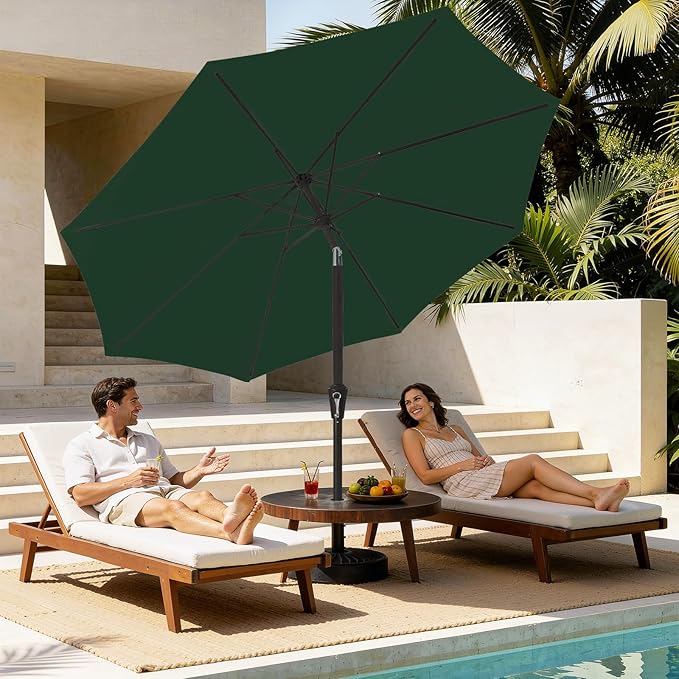 MEWAY 9ft Patio Umbrella Outdoor Table Umbrellas with Push Button Tilt and Crank, Market Umbrella 8 Sturdy Ribs for Deck, Garden, Pool and Backyard, Dark Green