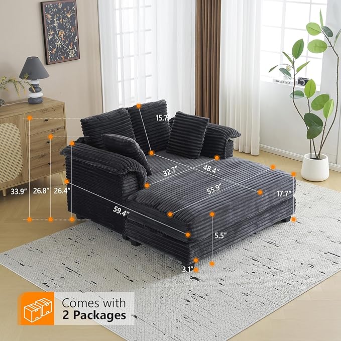 VINGLI 56" Oversized Chaise Lounge Chair, Dark Grey Comfy Corduroy Chaise Sofa Recliner Bed Upholstered Sleeper Couch Bed with Throw Pillows and Armrests for Living Room, Movie Room, Bedroom