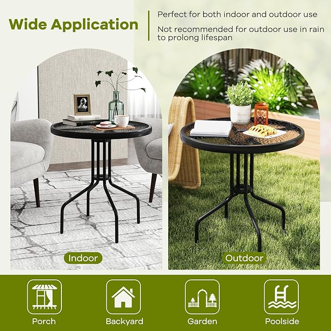 Tangkula 27.5 Inch Round Outdoor Dining Table with Tempered Glass Top, Outside Bistro Table with Umbrella Hole & Metal Frame, Patio Dining Table for Backyard, Lawn, Deck & Poolside