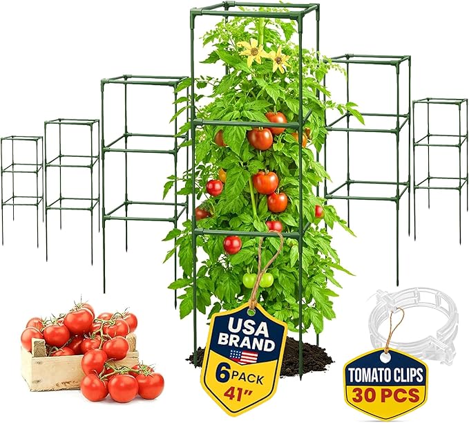 Tomato Cage Square - Large Trellis Stakes and Plant Support Structures for Vegetables and Climbing Plants - Tall Tomato Cages for Garden, Pots, Raised Garden Bed Outdoor Supplies (6 Pack - Up to 41")