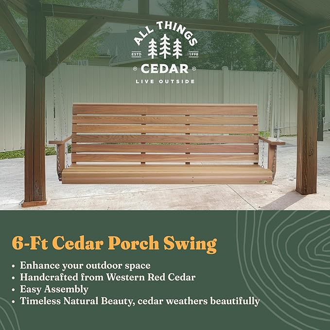 All Things Cedar Wooden Porch Swing, Outdoor Patio Furniture, 6 Foot, Natural