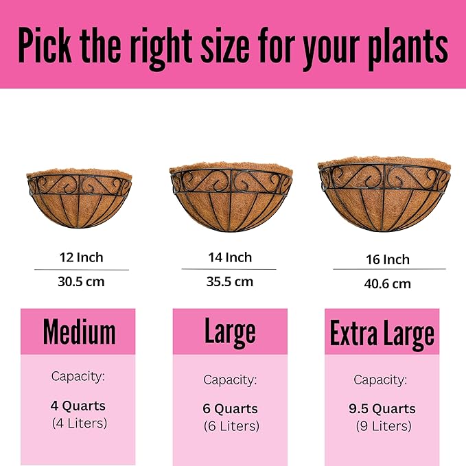 LaLaGreen 16 Inch Wall Mounted Flower Baskets, 4 Pack, Large Railing Planter Deck Rail Hanging Plant Pots Holders with Coco Liner Outdoor, Metal Herb Fence Porch Balcony Garden Patio Window Box Trough