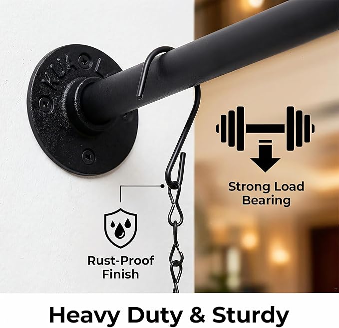 2 Pack Black Metal Pipe Plant Hanger Indoor with Hanging Chains, Industrial Window and Wall Mounted Hanging Rod Planter for Plants, Pots/Plants Not Included