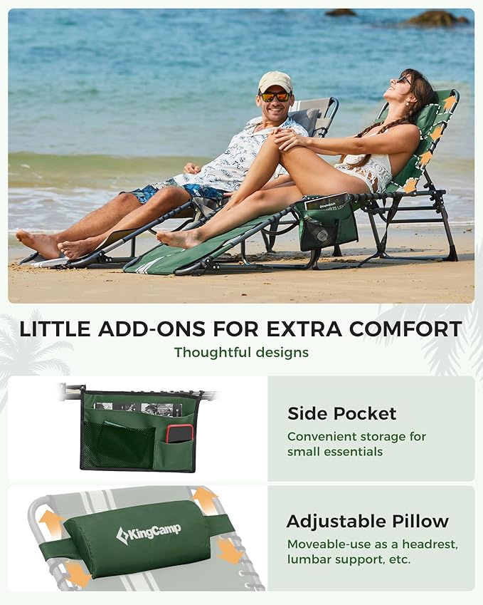 KingCamp Tanning Chair with Face Hole, Lounge Chairs Outdoor Folding Comfy Adjustable 5-Position Lay Flat Foldable Chaise Chaser Lounger for Outside Beach Patio Sun Bathing Pool, Green/White