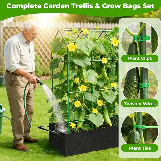Large Cucumber Trellis for Climbing Plants Outdoor with Grow Bag,67" Tall Metal U-Frame Plant Trellis for Raised Bed with Garden Netting and Plant Clip Plant Ties for Vegetables Tomatoes Squash Pea