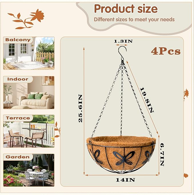 14 inch Metal Hanging Baskets For Plants Outdoor 4 Pack Round Metal Wire Hanging Basket Planter with Coco Fiber Liners Chain Round Wire Plant Holder for Garden, Patio, Deck, Porch Plants Flower Potss
