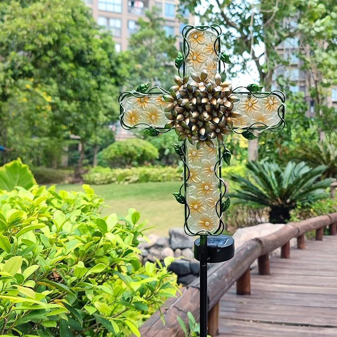 38inch Cross Garden Solar Lights Outdoor Decorative - Solar Metal&Glass Cross Apricot Hydrangea Flower Stake Lights- Waterproof 20 White LED for Remembrance Gifts & Sympathy Gifts