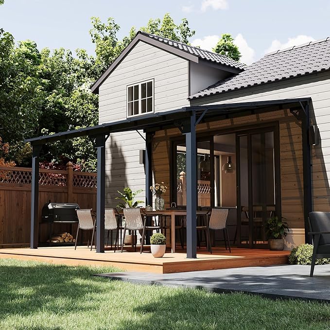 Aoxun 14'x 10' Premium Gazebo with Aluminum Top Frame & Polycarbonate Panel, Wall Mounted Gazebos Pergola, Outdoor Patio Lean to Gazebo, Awnings with Sloped Roof, for Backyard, Porch, Deck