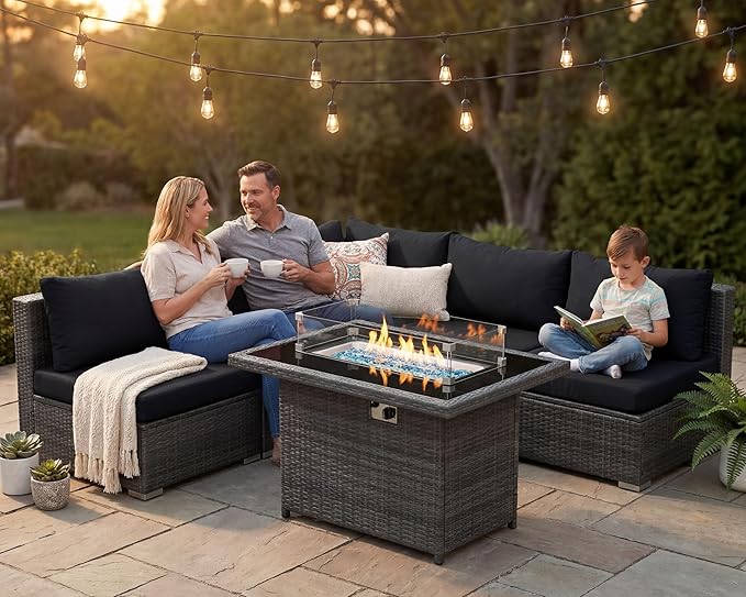 NICESOUL 6 Piece Modern L-Shaped Outdoor Sectional with Firepit Natural Gas/Propane, 29.3'' High Back Wicker Patio Furniture Set, Oversized Conversation for Exterior, 2 Color Cushion Black & Gray