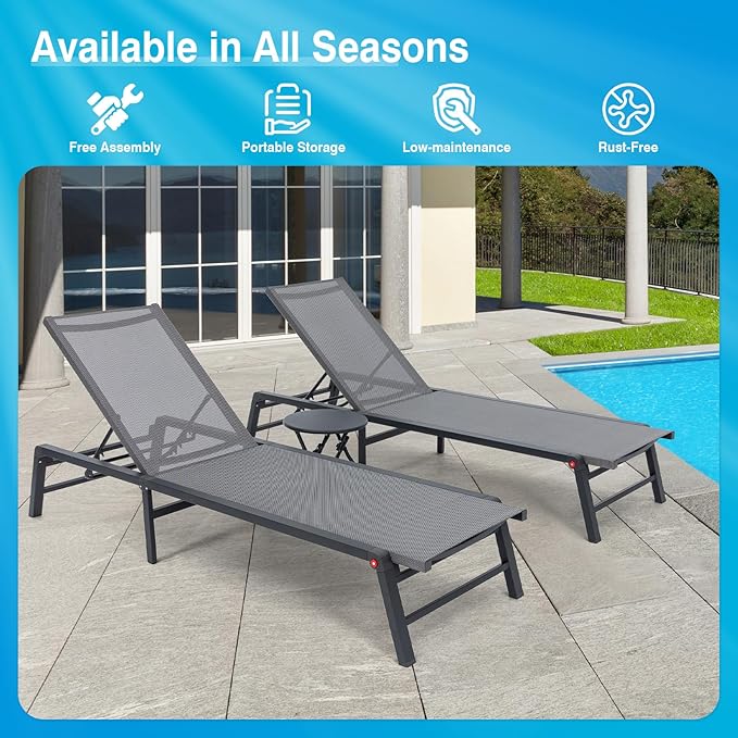 Aluminum Chaise Lounge Chair Outdoor, Foldable Patio Lounge Chair 2 Sets Assemble-Free, Pool Lounge Chairs with 5 Adjustable Backrest, Outdoor Lounge Chairs for Outside Poolside Beach Lawn Blue